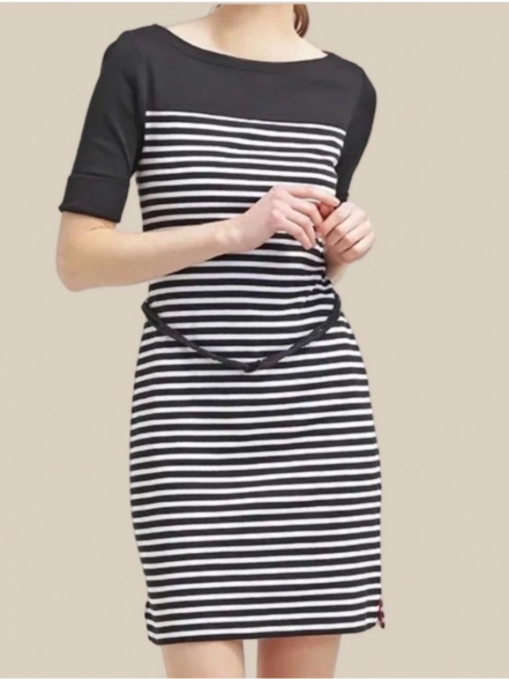 Lauren Ralph Lauren Striped Nautical Boat Neck Knit Dress Belted Black White PS